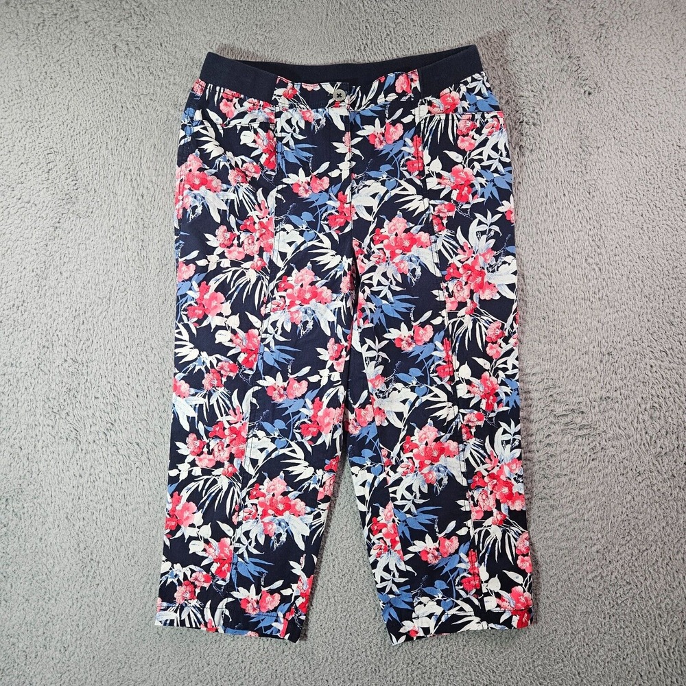 Chico's Pull On Pants Women Size 0.5‎ Capri Colorful Floral Print Navy Blue
